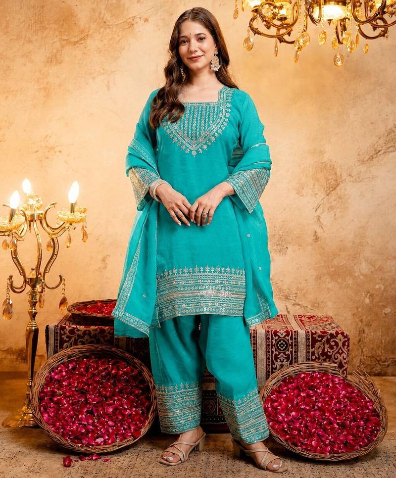  Embroidery Work Crunchy Straight Kurta Shalwar and Dupatta Set