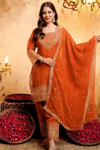  Embroidery Work Crunchy Straight Kurta Shalwar and Dupatta Set