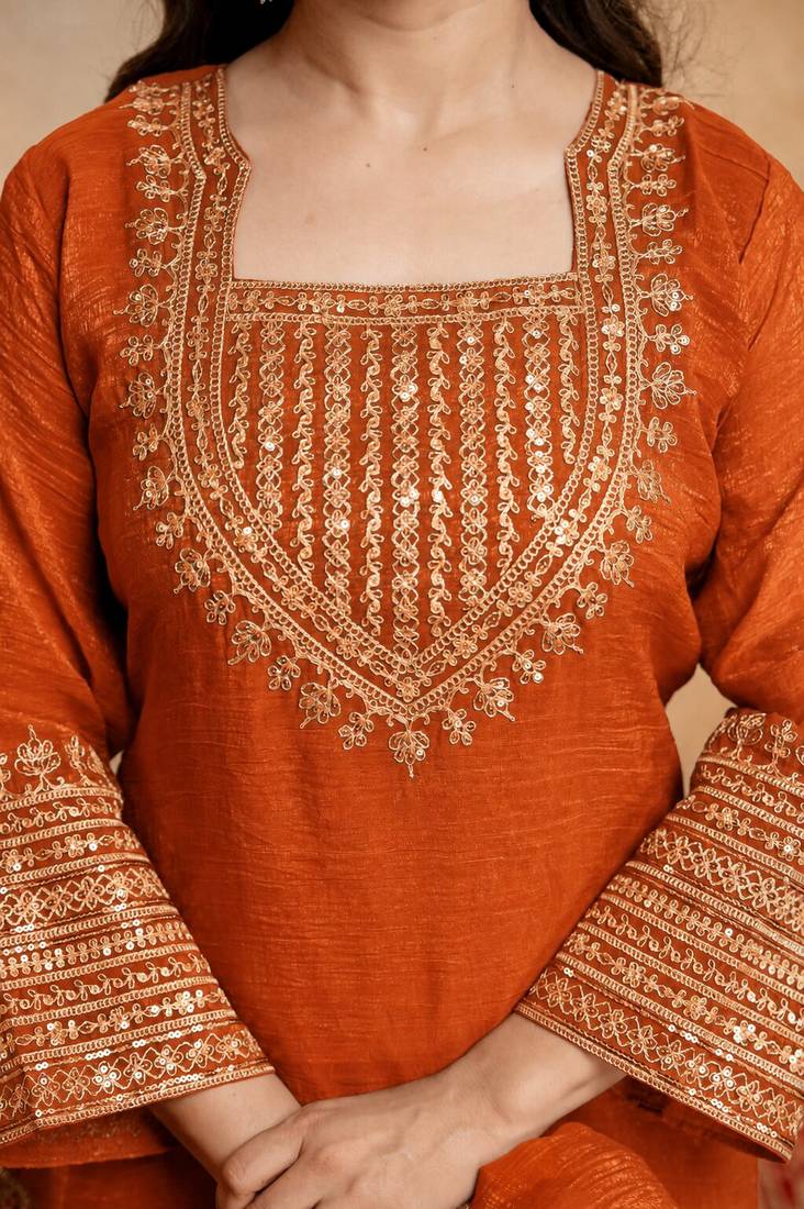  Embroidery Work Crunchy Straight Kurta Shalwar and Dupatta Set