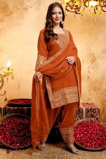  Embroidery Work Crunchy Straight Kurta Shalwar and Dupatta Set