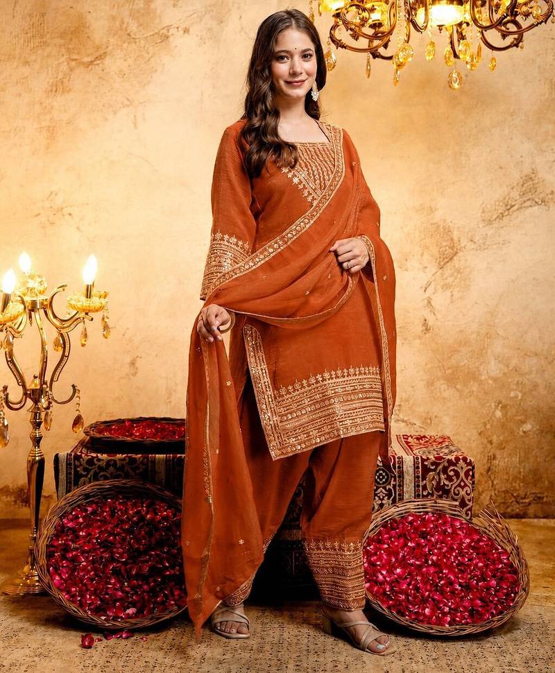  Embroidery Work Crunchy Straight Kurta Shalwar and Dupatta Set