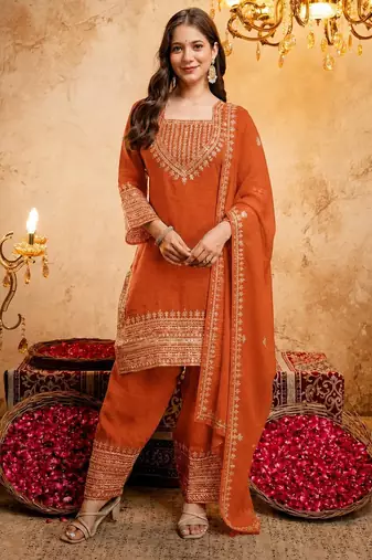  Embroidery Work Crunchy Straight Kurta Shalwar and Dupatta Set