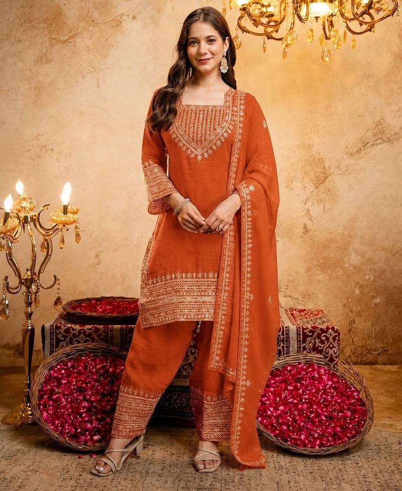  Embroidery Work Crunchy Straight Kurta Shalwar and Dupatta Set