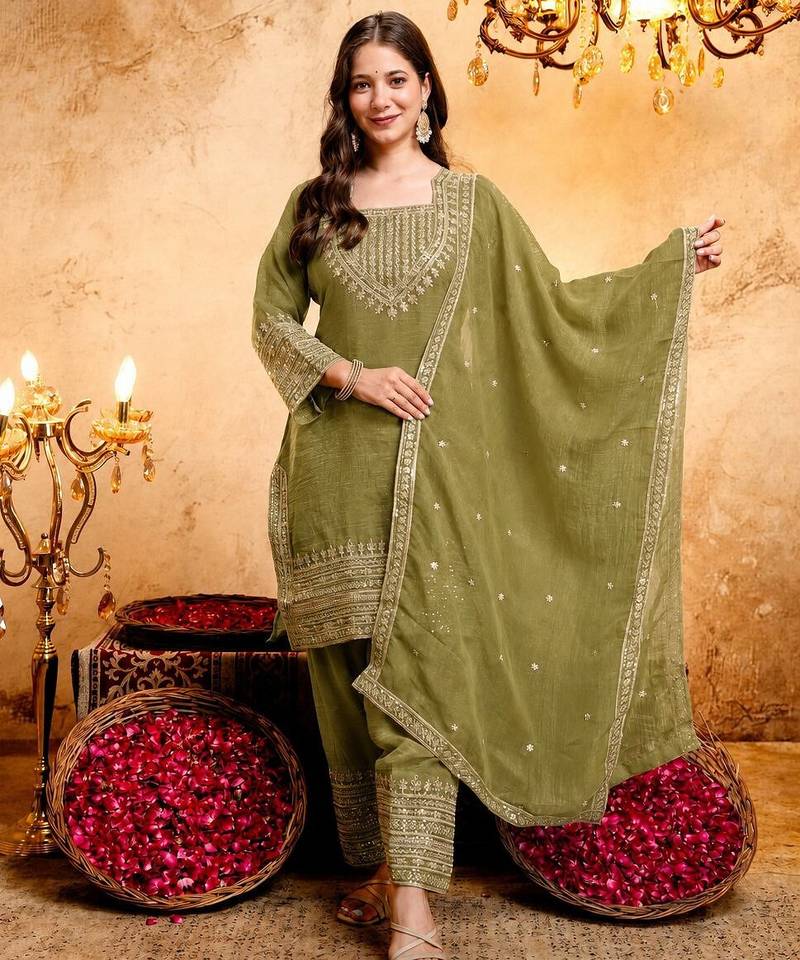  Embroidery Work Crunchy Straight Kurta Shalwar and Dupatta Set