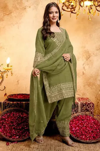  Embroidery Work Crunchy Straight Kurta Shalwar and Dupatta Set