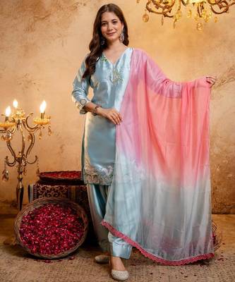  Embroidery Work Satin Straight Kurta Shalwar and Dupatta Set 1