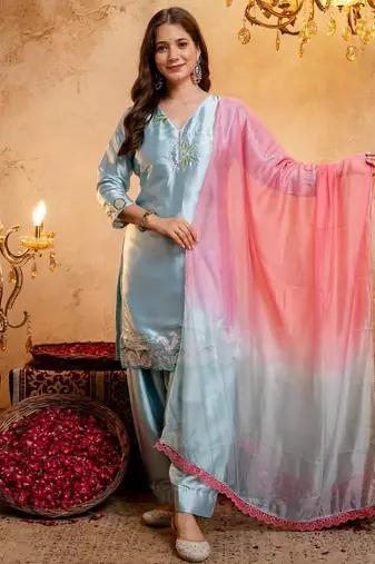  Embroidery Work Satin Straight Kurta Shalwar and Dupatta Set