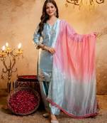  Embroidery Work Satin Straight Kurta Shalwar and Dupatta Set