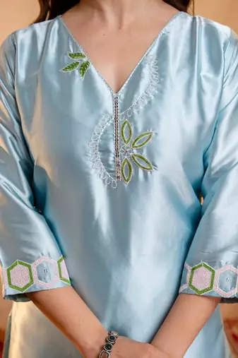  Embroidery Work Satin Straight Kurta Shalwar and Dupatta Set