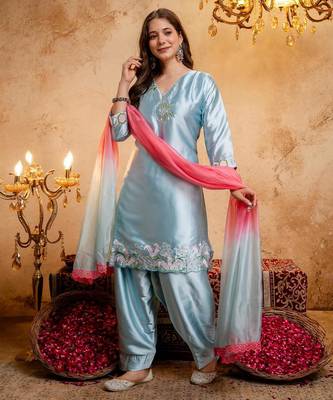  Embroidery Work Satin Straight Kurta Shalwar and Dupatta Set 3