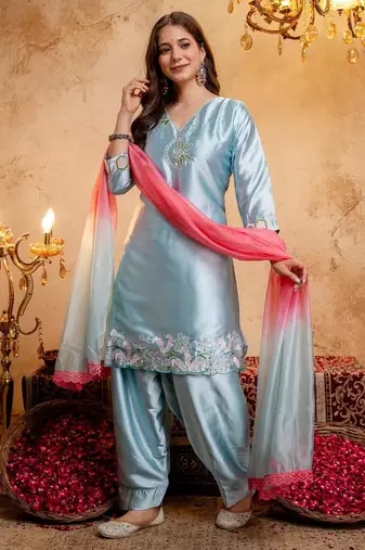  Embroidery Work Satin Straight Kurta Shalwar and Dupatta Set
