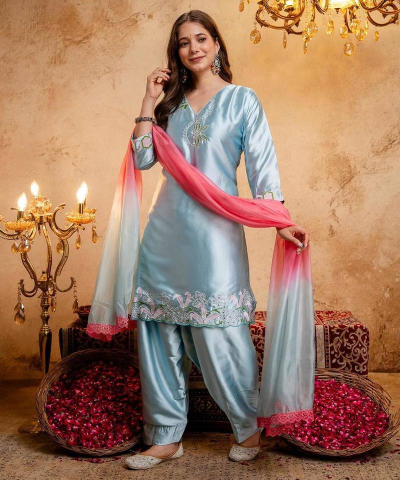  Embroidery Work Satin Straight Kurta Shalwar and Dupatta Set