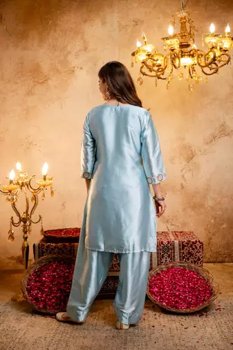  Embroidery Work Satin Straight Kurta Shalwar and Dupatta Set