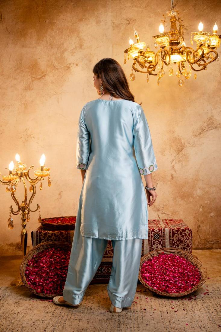  Embroidery Work Satin Straight Kurta Shalwar and Dupatta Set