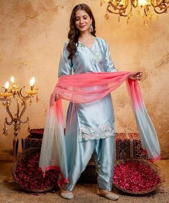  Embroidery Work Satin Straight Kurta Shalwar and Dupatta Set 5