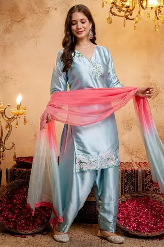  Embroidery Work Satin Straight Kurta Shalwar and Dupatta Set