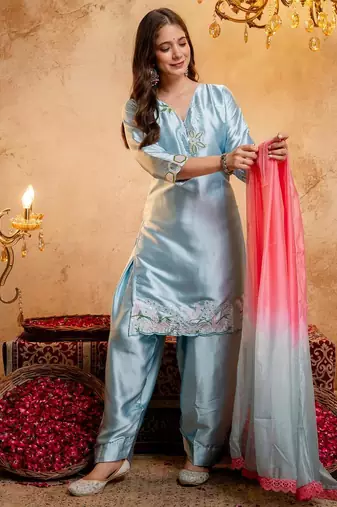  Embroidery Work Satin Straight Kurta Shalwar and Dupatta Set