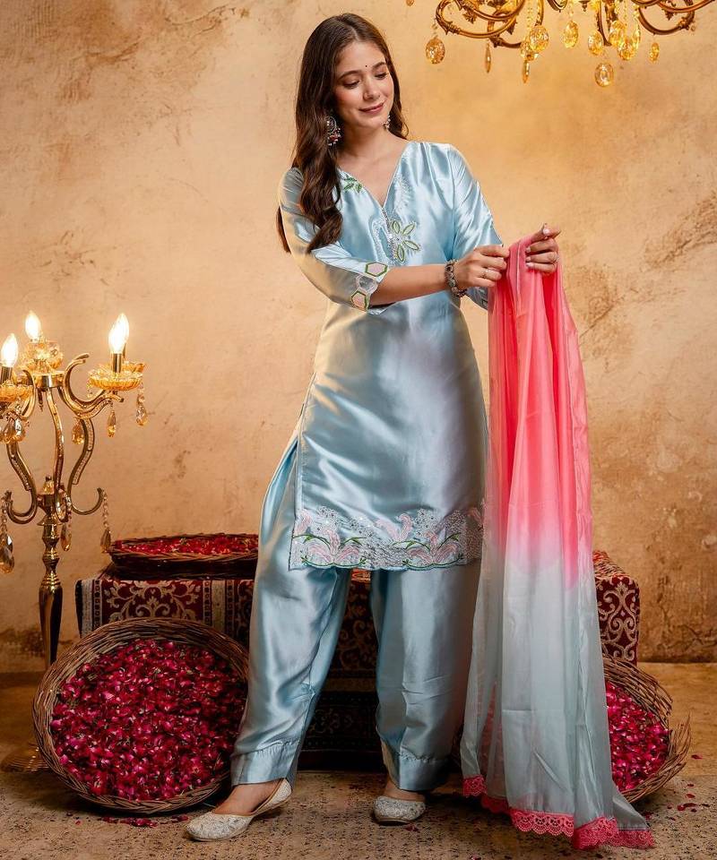  Embroidery Work Satin Straight Kurta Shalwar and Dupatta Set