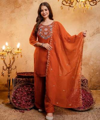  Embroidery Work Crunchy Straight Kurta Palazzo and Dupatta Set 1