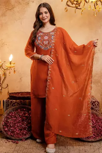  Embroidery Work Crunchy Straight Kurta Palazzo and Dupatta Set