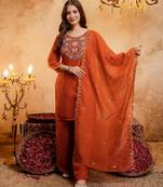  Embroidery Work Crunchy Straight Kurta Palazzo and Dupatta Set