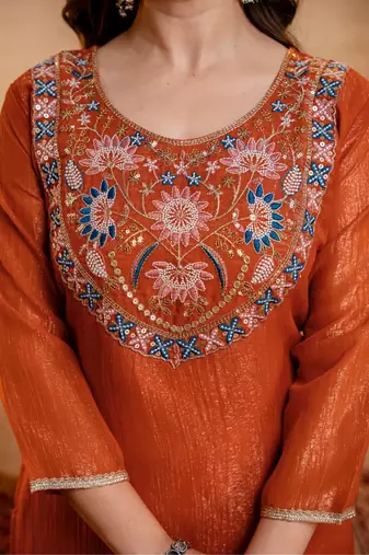 Embroidery Work Crunchy Straight Kurta Palazzo and Dupatta Set