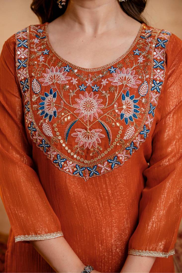  Embroidery Work Crunchy Straight Kurta Palazzo and Dupatta Set