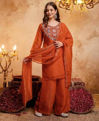  Embroidery Work Crunchy Straight Kurta Palazzo and Dupatta Set 3