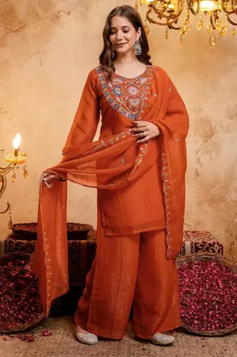  Embroidery Work Crunchy Straight Kurta Palazzo and Dupatta Set