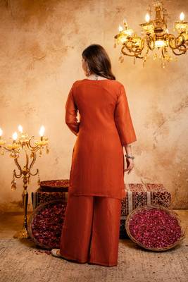  Embroidery Work Crunchy Straight Kurta Palazzo and Dupatta Set 4