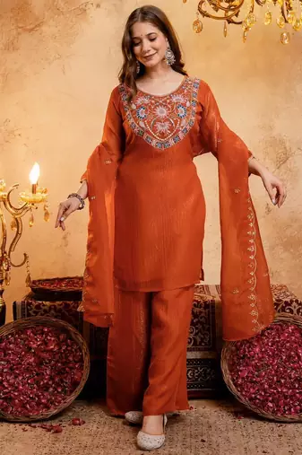  Embroidery Work Crunchy Straight Kurta Palazzo and Dupatta Set