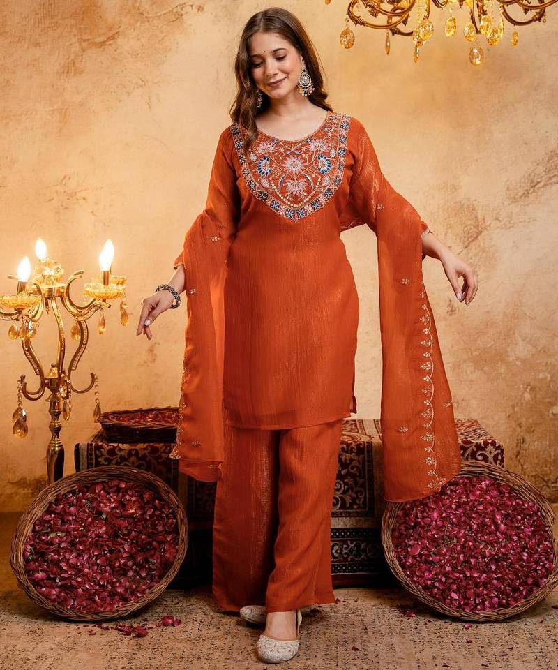  Embroidery Work Crunchy Straight Kurta Palazzo and Dupatta Set