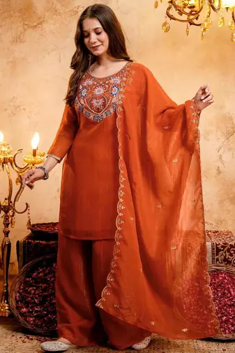  Embroidery Work Crunchy Straight Kurta Palazzo and Dupatta Set