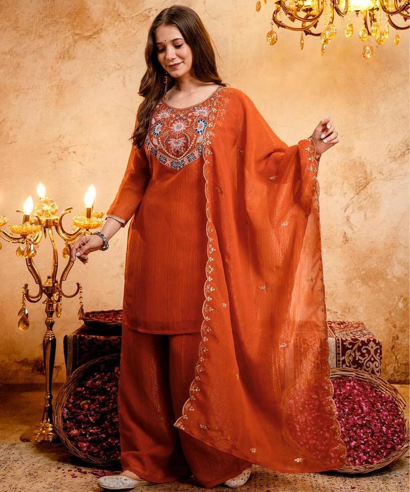  Embroidery Work Crunchy Straight Kurta Palazzo and Dupatta Set
