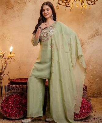  Embroidery Work Crunchy Straight Kurta Palazzo and Dupatta Set 1