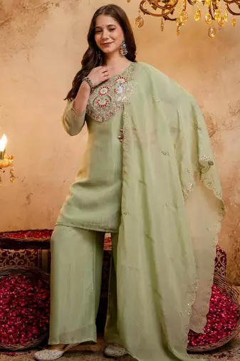  Embroidery Work Crunchy Straight Kurta Palazzo and Dupatta Set