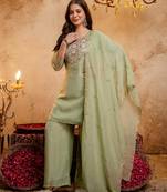  Embroidery Work Crunchy Straight Kurta Palazzo and Dupatta Set