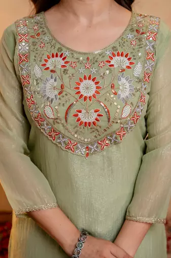  Embroidery Work Crunchy Straight Kurta Palazzo and Dupatta Set
