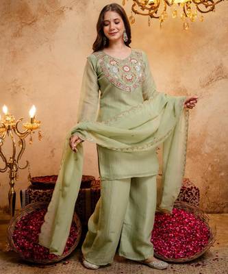  Embroidery Work Crunchy Straight Kurta Palazzo and Dupatta Set 3