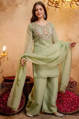  Embroidery Work Crunchy Straight Kurta Palazzo and Dupatta Set