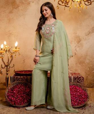  Embroidery Work Crunchy Straight Kurta Palazzo and Dupatta Set 5