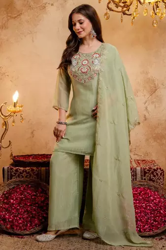  Embroidery Work Crunchy Straight Kurta Palazzo and Dupatta Set