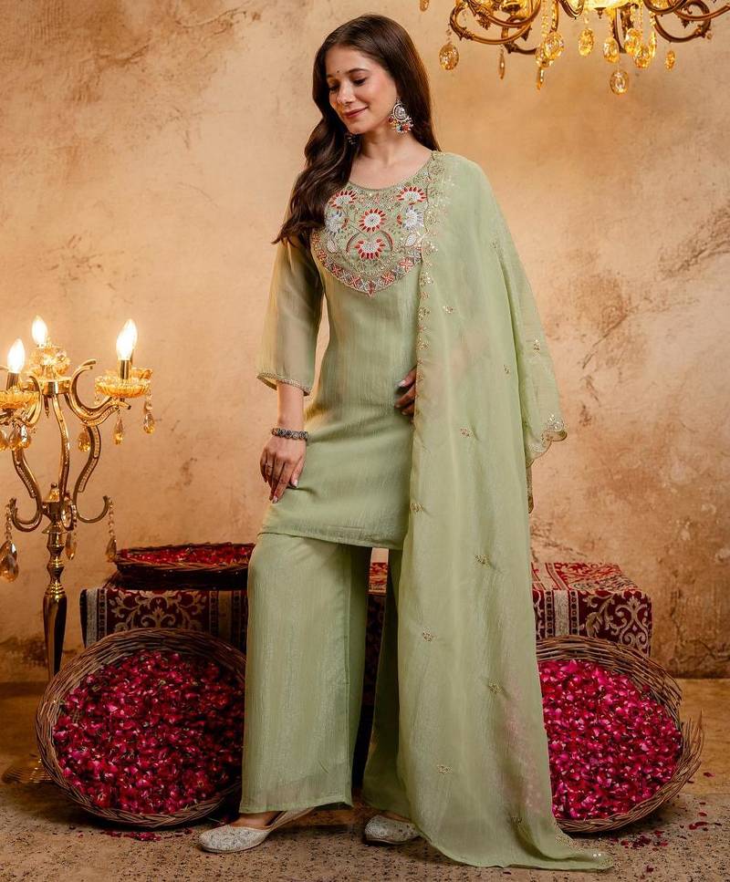  Embroidery Work Crunchy Straight Kurta Palazzo and Dupatta Set