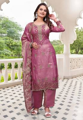  Embroidery Work Fendy Satin Straight Kurta Pant and Dupatta Set 1