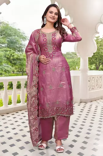  Embroidery Work Fendy Satin Straight Kurta Pant and Dupatta Set