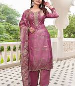  Embroidery Work Fendy Satin Straight Kurta Pant and Dupatta Set
