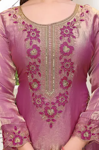  Embroidery Work Fendy Satin Straight Kurta Pant and Dupatta Set