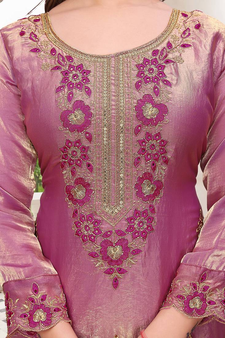  Embroidery Work Fendy Satin Straight Kurta Pant and Dupatta Set