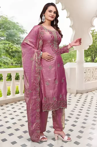  Embroidery Work Fendy Satin Straight Kurta Pant and Dupatta Set