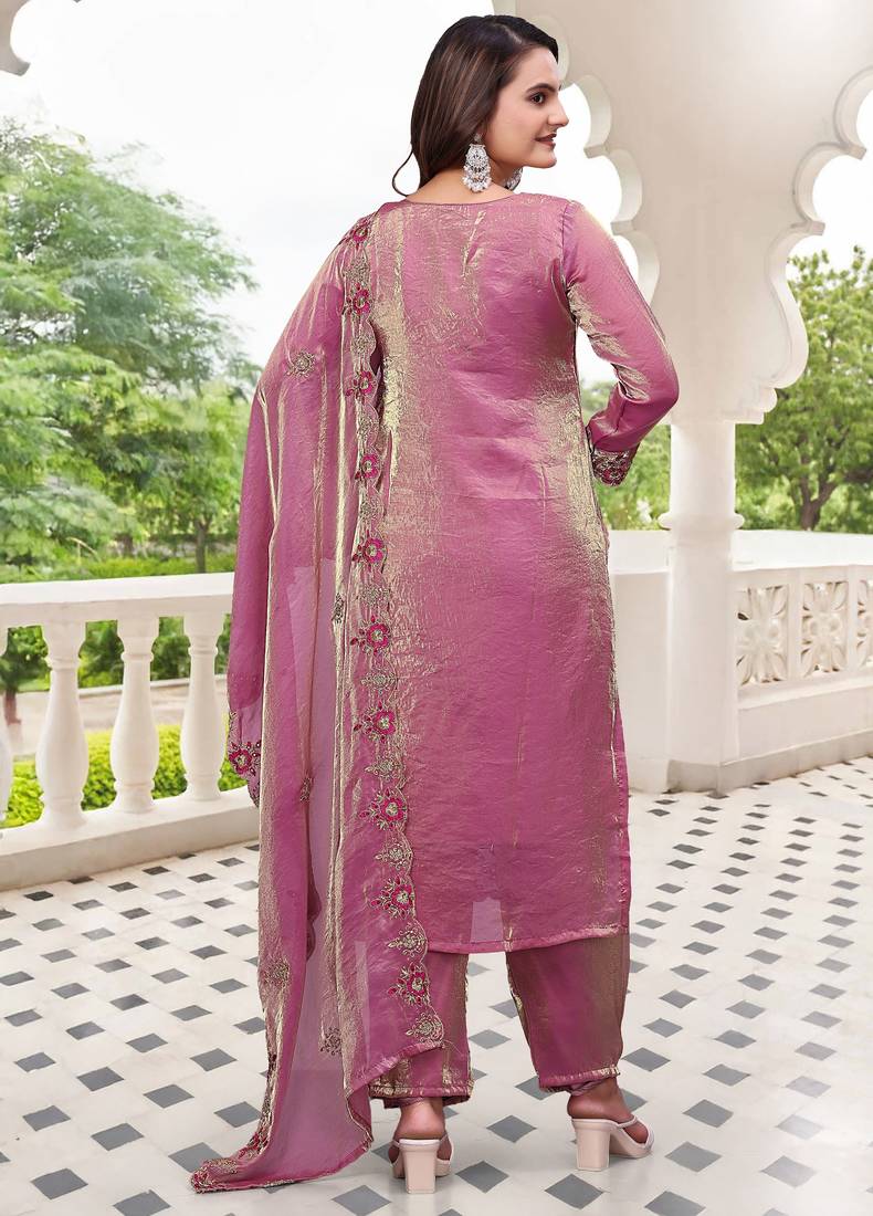  Embroidery Work Fendy Satin Straight Kurta Pant and Dupatta Set